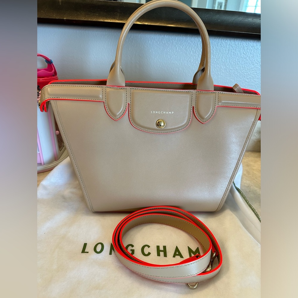 Longchamp leather heritage handbag beige with neon trim
